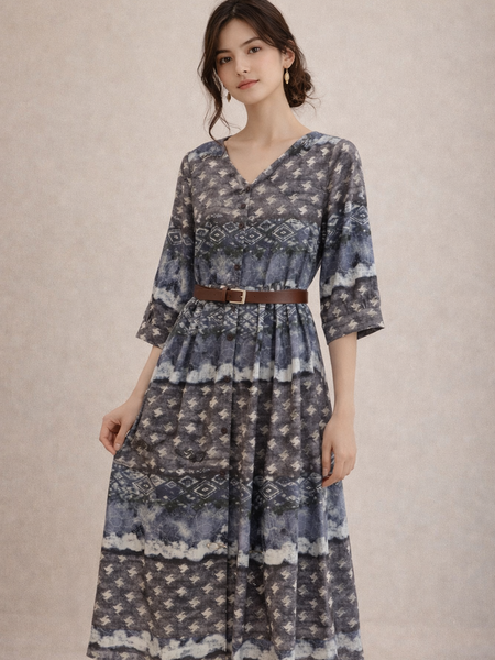 Midnight Mist Printed Midi Dress