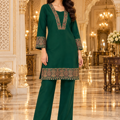 Bottle Green Kashmiri Embroidered Kurta Pant Co-ord Set