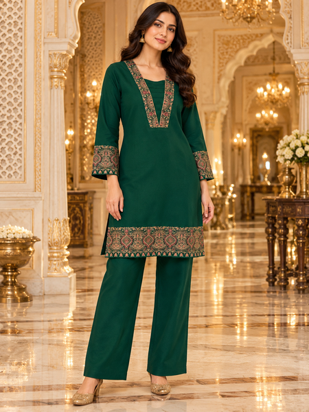 Bottle Green Kashmiri Embroidered Kurta Pant Co-ord Set