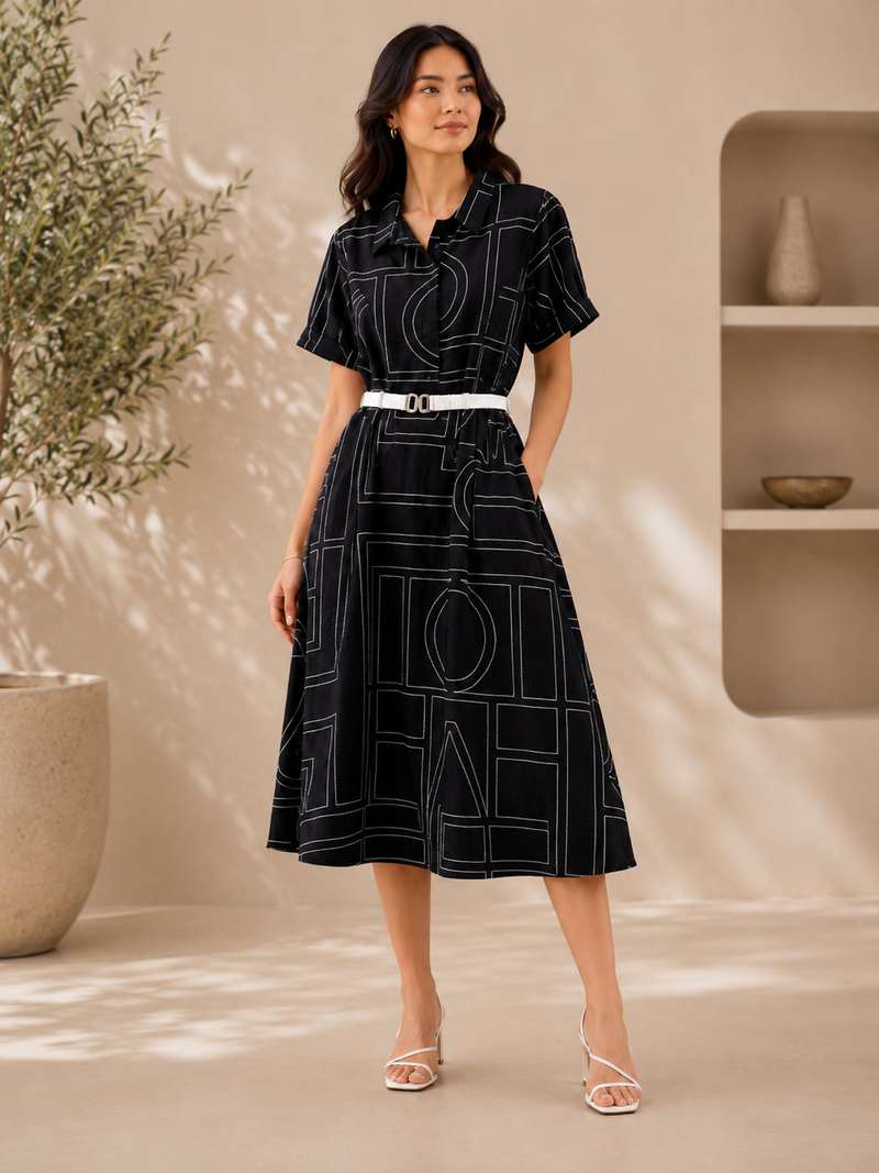 Women’s Olive Green Geometric Print Cotton Shirt Dress with Belt | Casual Midi Dress for Women