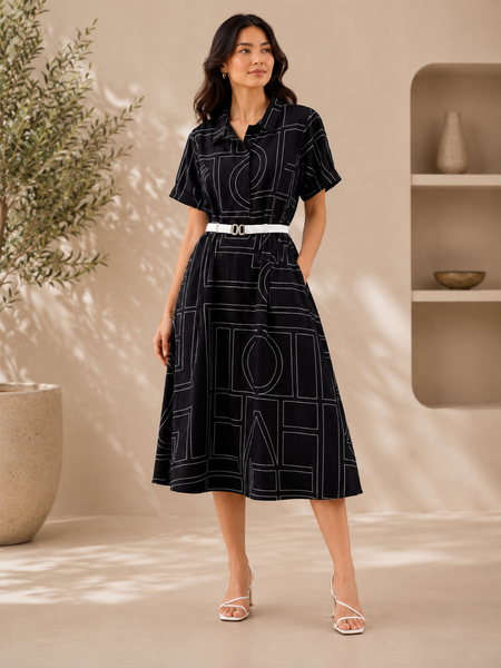 Women’s Olive Green Geometric Print Cotton Shirt Dress with Belt | Casual Midi Dress for Women