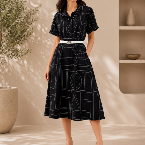 Women’s Olive Green Geometric Print Cotton Shirt Dress with Belt | Casual Midi Dress for Women