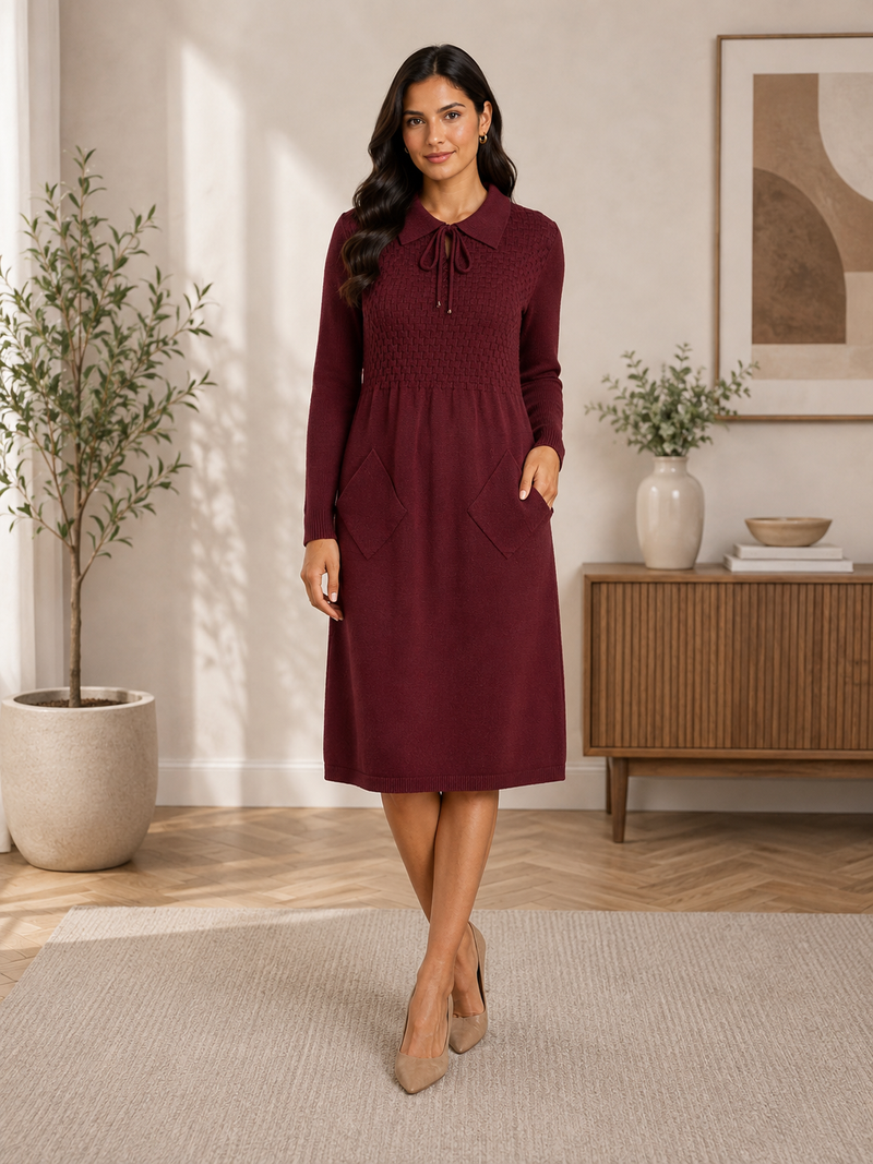 Burgundy Textured Knit Collared Midi Dress with Pockets