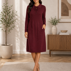 Burgundy Textured Knit Collared Midi Dress with Pockets