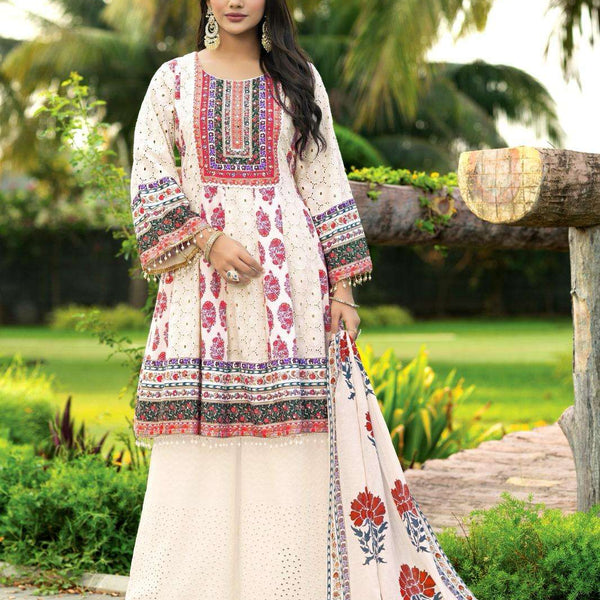 Multicolor Printed Cotton Embroidered Anarkali Kurta Set for Women – Kurta, Palazzo & Dupatta (3-Piece Set)