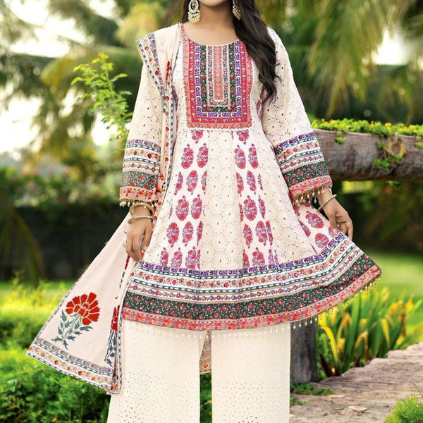 Multicolor Printed Cotton Embroidered Anarkali Kurta Set for Women – Kurta, Palazzo & Dupatta (3-Piece Set)