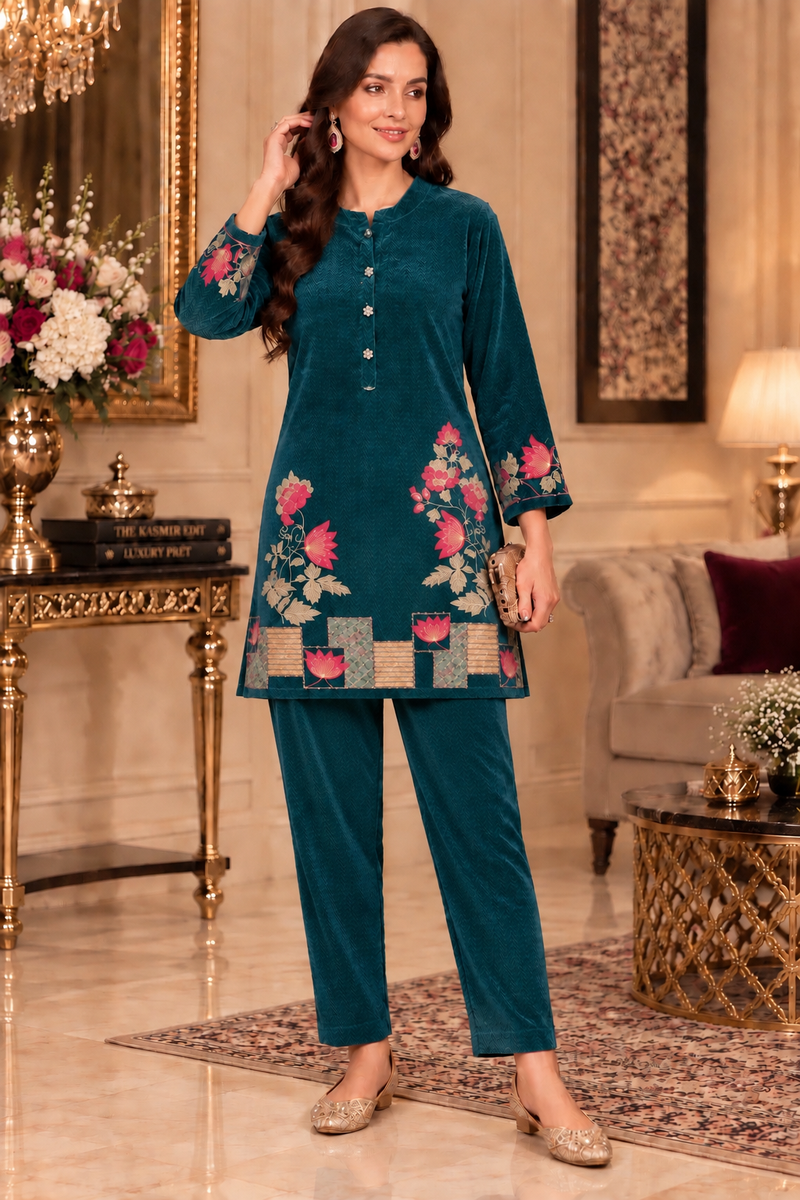 Embroidered Corduroy Velvet Co-ord Set for Women