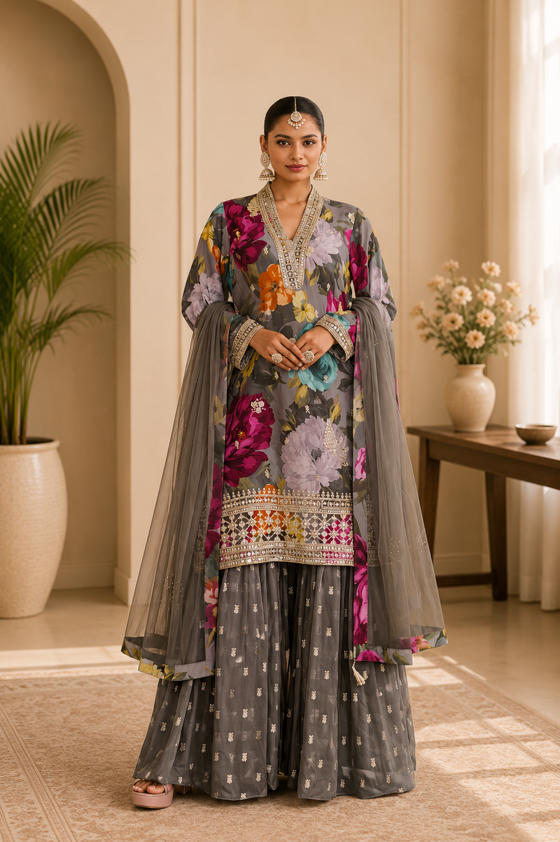 Women’s Grey Floral Printed Kurta with Embellished Sharara & Net Dupatta | Designer Festive Ethnic Suit Set