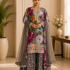 Women’s Grey Floral Printed Kurta with Embellished Sharara & Net Dupatta | Designer Festive Ethnic Suit Set