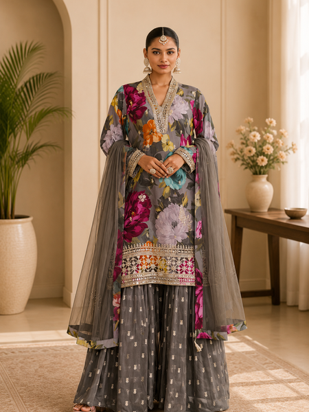 Women’s Grey Floral Printed Kurta with Embellished Sharara & Net Dupatta | Designer Festive Ethnic Suit Set
