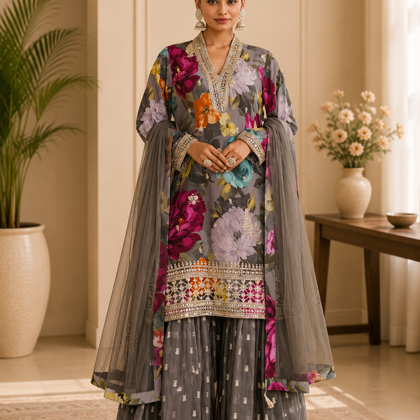 Women’s Grey Floral Printed Kurta with Embellished Sharara & Net Dupatta | Designer Festive Ethnic Suit Set