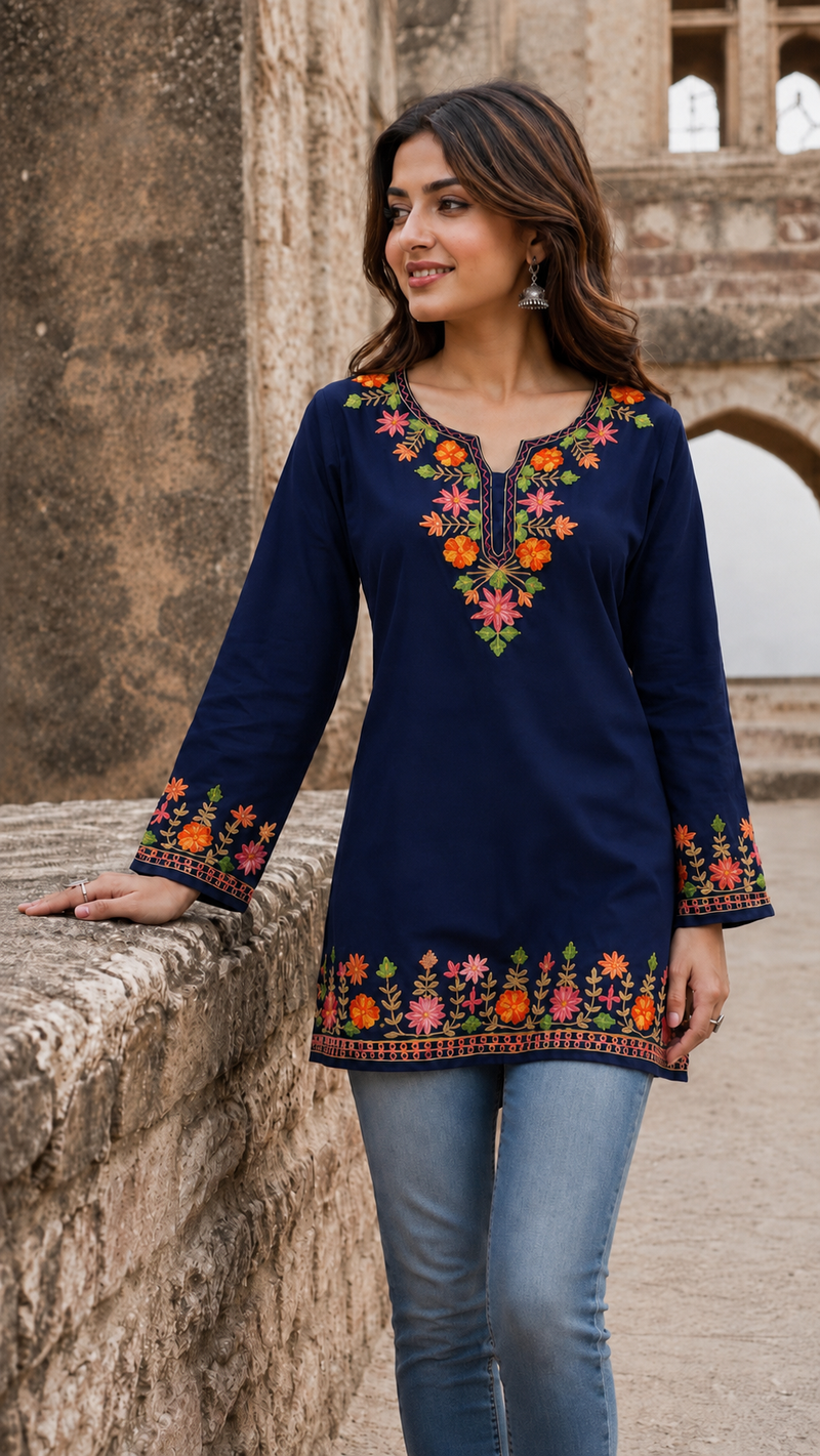 Mehendi Green Floral Embroidered Short Kurti for Women