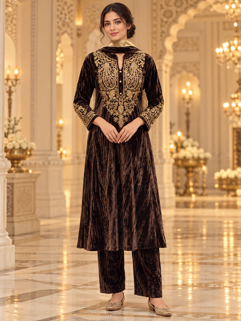 Velvet Zari Embroidered A-Line Suit Set