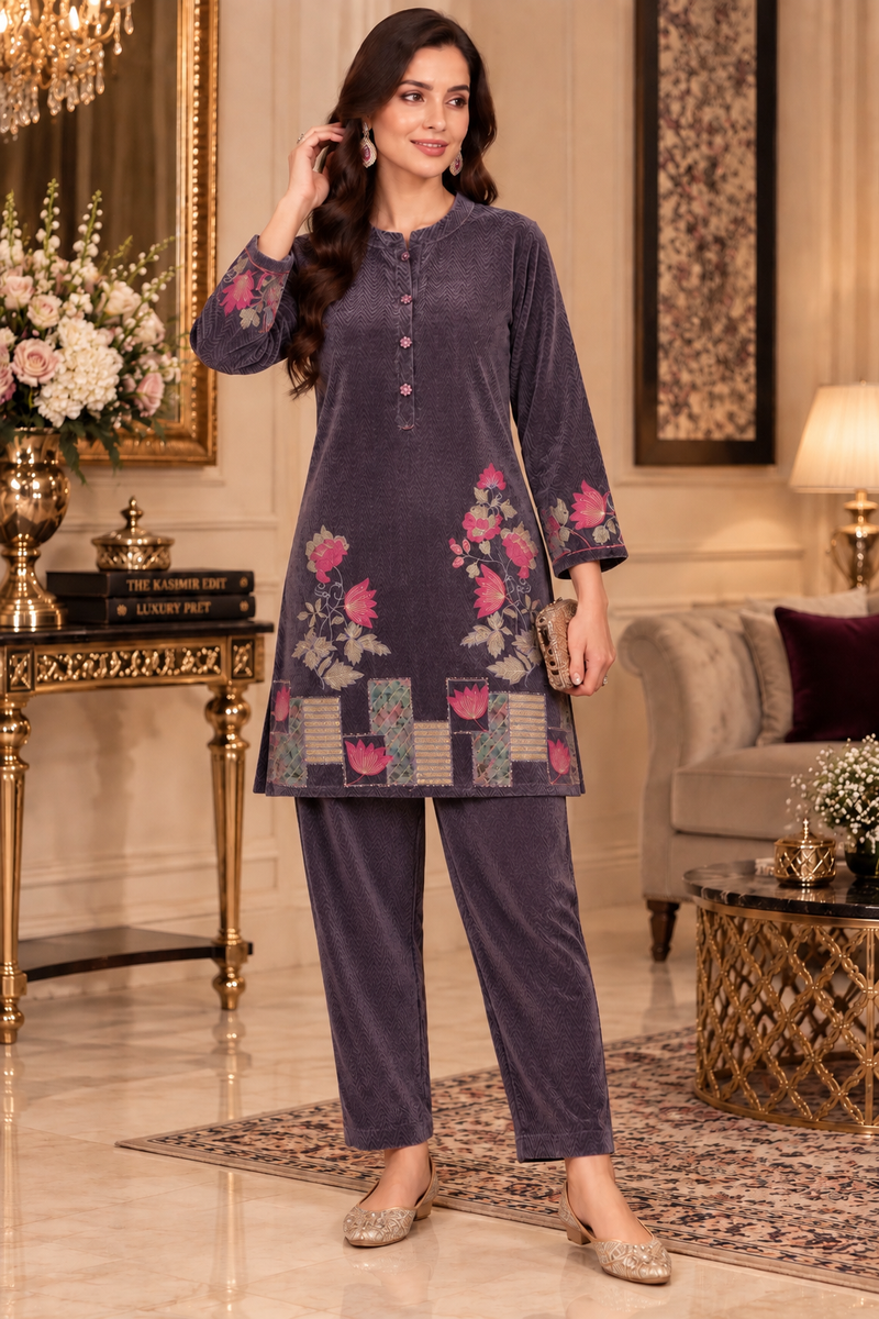 Embroidered Corduroy Velvet Co-ord Set for Women