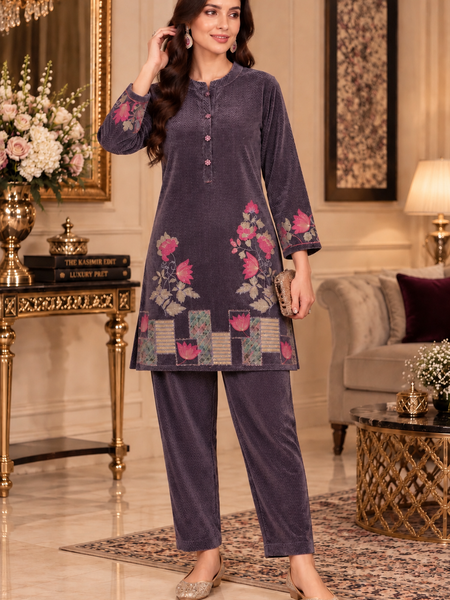 Embroidered Corduroy Velvet Co-ord Set for Women