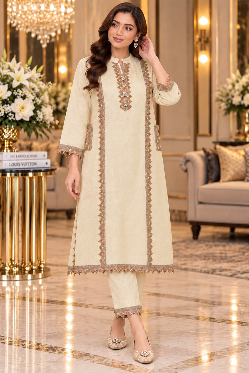 Ivory Kashmiri Embroidered Pheran Co-ord Set