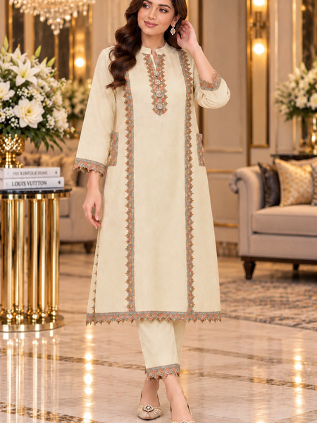 Ivory Kashmiri Embroidered Pheran Co-ord Set
