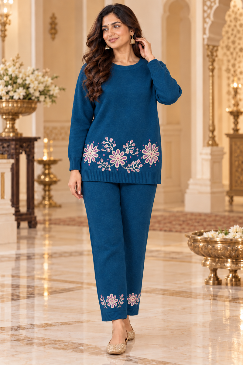 Floral Embroidered Knitted Winter Co-ord Set