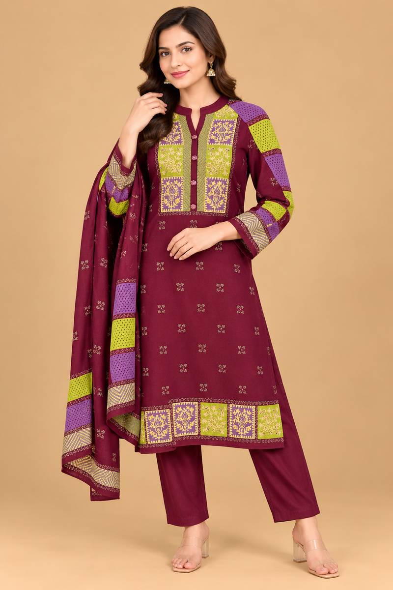 Olive Green Patchwork Embroidered Winter Kurta Pant Dupatta Set