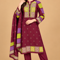 Olive Green Patchwork Embroidered Winter Kurta Pant Dupatta Set