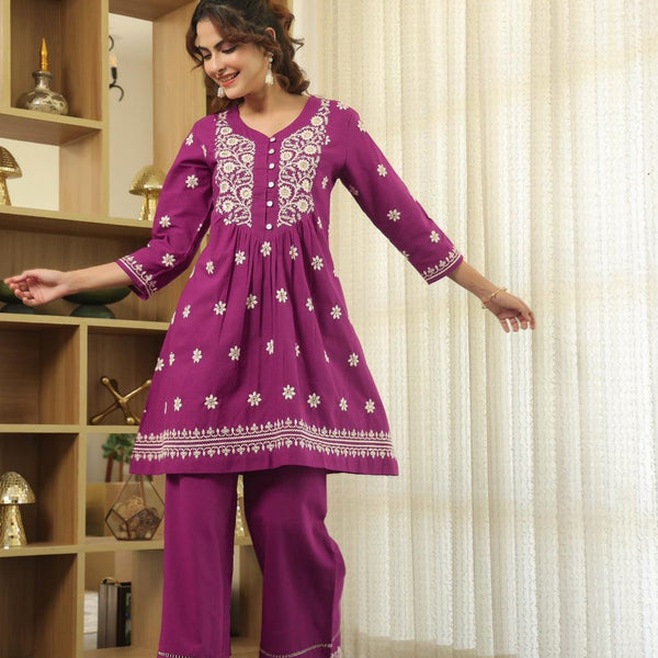 Plum Purple Floral Embroidered Cotton Kurta Set chicken kari suit