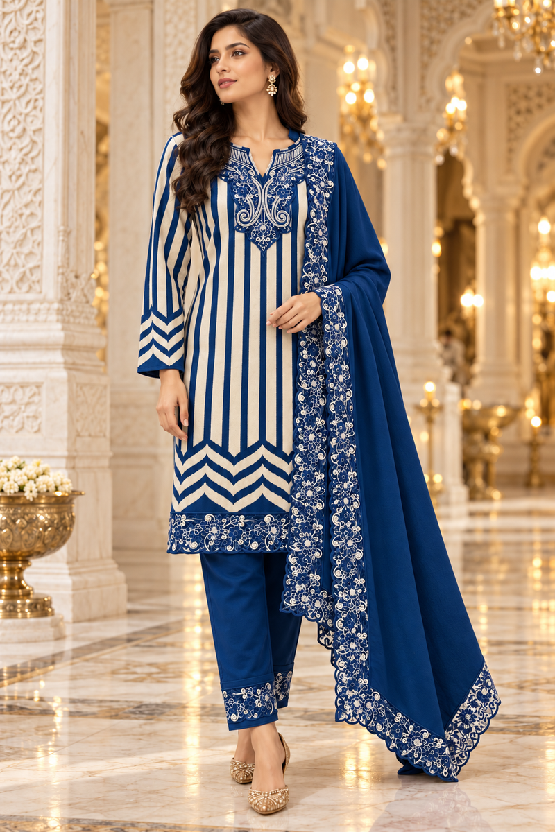 Embroidered Striped Winter 3-Piece Suit Set with Dupatta