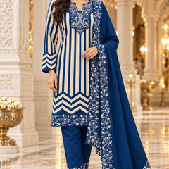 Embroidered Striped Winter 3-Piece Suit Set with Dupatta