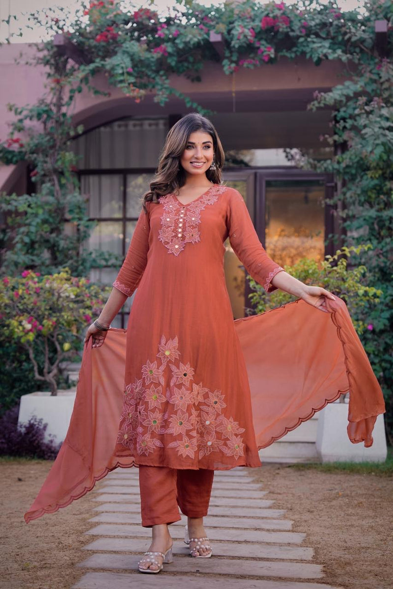 Premium Mul Chanderi Appliqué & Mirror Work Kurta Set with Dupatta