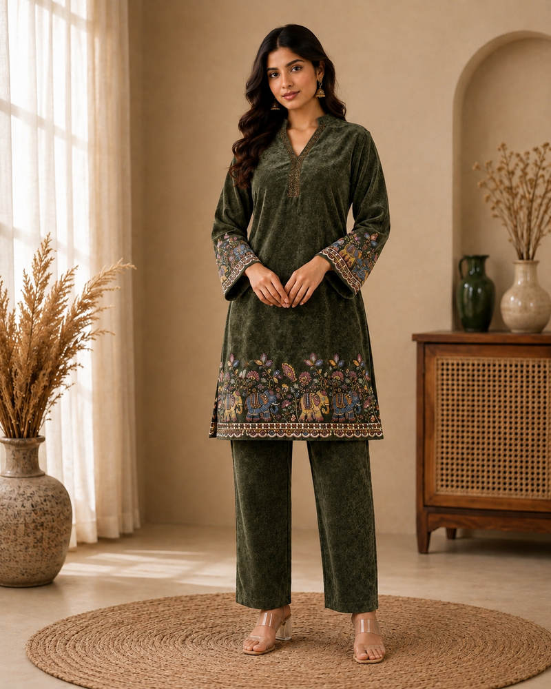 Royal Plum Velvet Elephant Motif Co-ord Set for Women