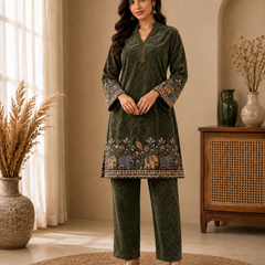 Royal Plum Velvet Elephant Motif Co-ord Set for Women