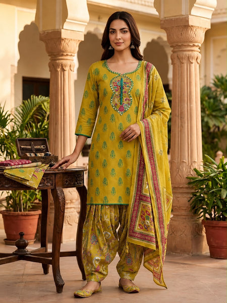 Women’s Mustard Yellow Printed Kurta Patiala Set with Dupatta | Traditional Ethnic Suit for Women