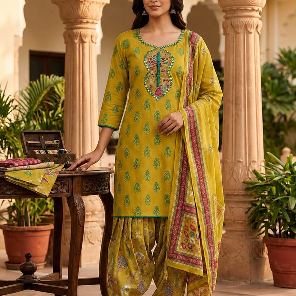 Women’s Mustard Yellow Printed Kurta Patiala Set with Dupatta | Traditional Ethnic Suit for Women