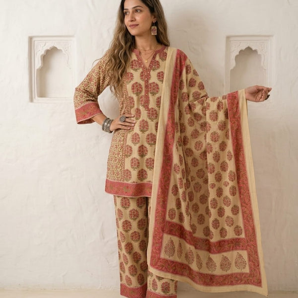 Rustic Olive ,Lime green , with rich teal  Handblock Suit Set