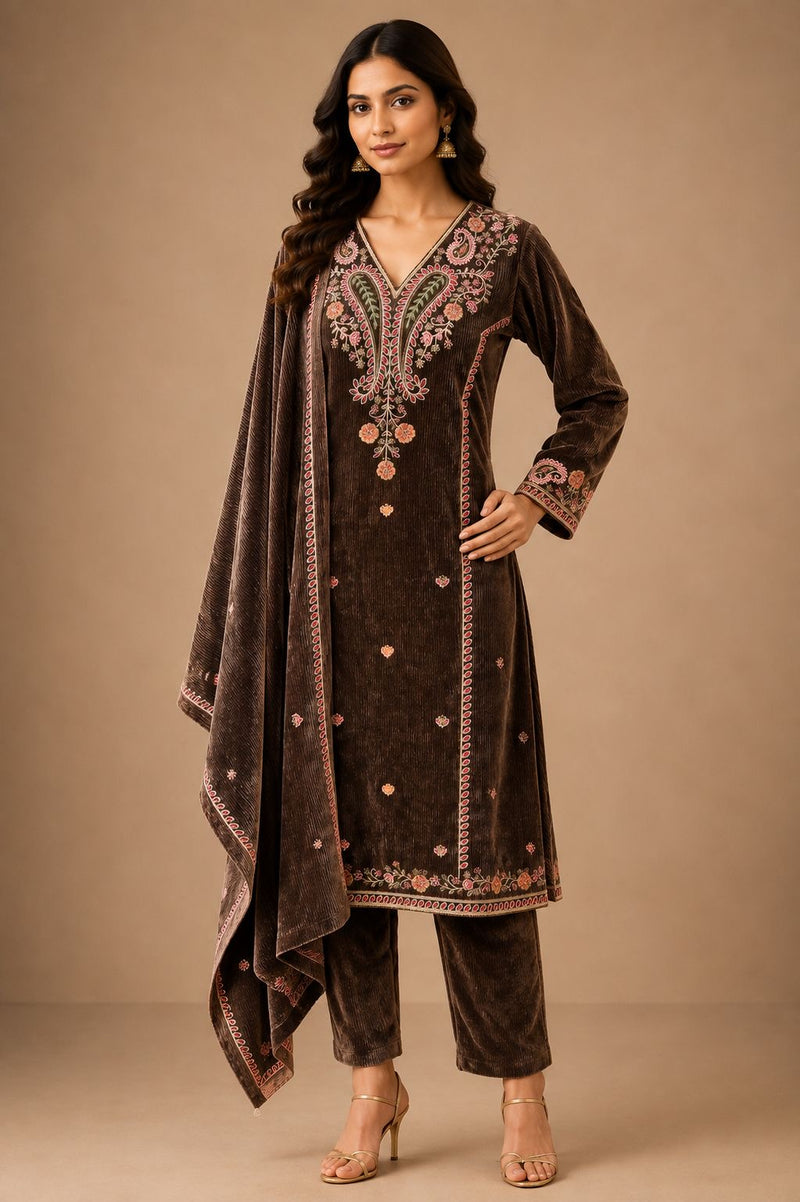 Emerald Green Embroidered Velvet 3-Piece Winter Suit with Dupatta