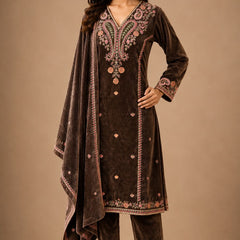 Emerald Green Embroidered Velvet 3-Piece Winter Suit with Dupatta
