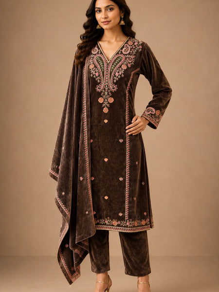 Corduroy Embroidered Velvet 3-Piece Winter Suit with Dupatta