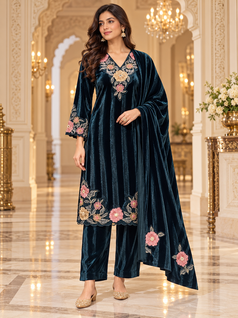 Floral Embroidered Velvet 3-Piece Winter Suit Set