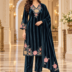 Floral Embroidered Velvet 3-Piece Winter Suit Set