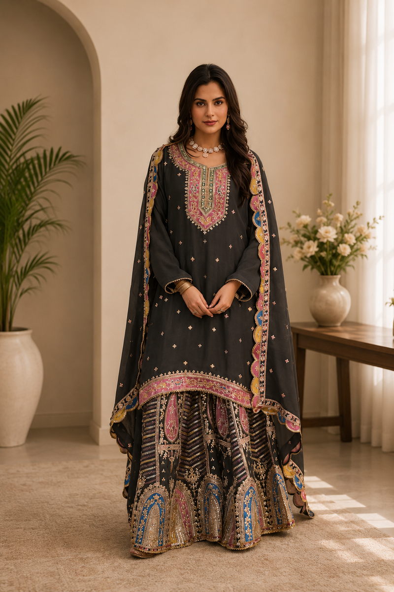 Women’s Charcoal Grey Embroidered Kurta with Printed Sharara & Dupatta | Designer Festive Ethnic Suit Set