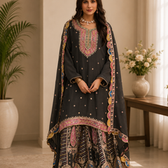 Women’s Charcoal Grey Embroidered Kurta with Printed Sharara & Dupatta | Designer Festive Ethnic Suit Set