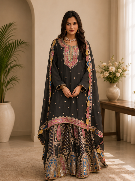 Women’s Charcoal Grey Embroidered Kurta with Printed Sharara & Dupatta | Designer Festive Ethnic Suit Set