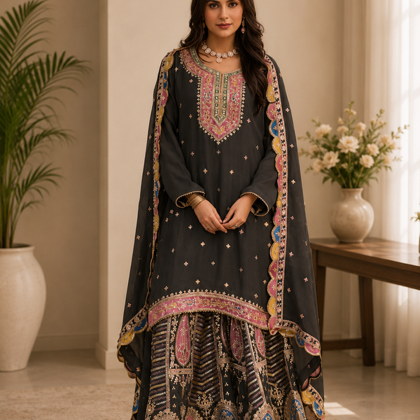 Women’s Charcoal Grey Embroidered Kurta with Printed Sharara & Dupatta | Designer Festive Ethnic Suit Set