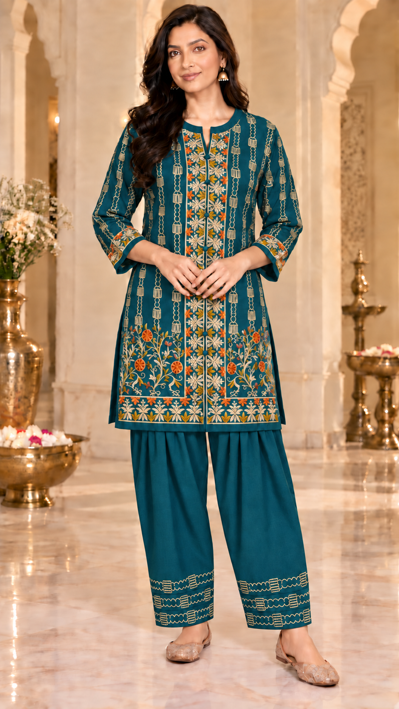 Embroidered Kurta & Farshi Salwar Co-ord Set for Women