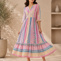 Women’s Pastel Multicolor Printed Tiered Maxi Dress | Boho Flared Cotton Dress with Ruffle Sleeves