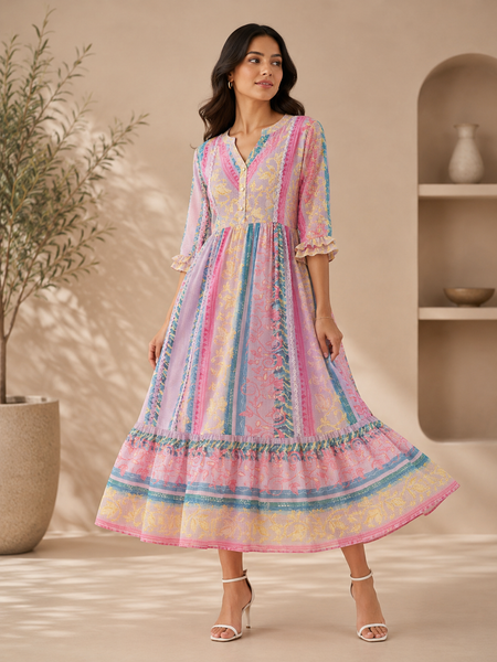 Women’s Pastel Multicolor Printed Tiered Maxi Dress | Boho Flared Cotton Dress with Ruffle Sleeves