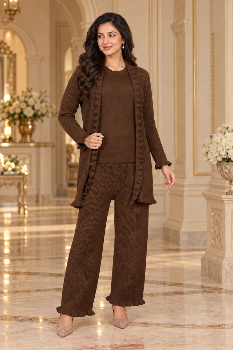 Ruffle Detail 3-Piece Knitted Winter Co-ord Set for Women