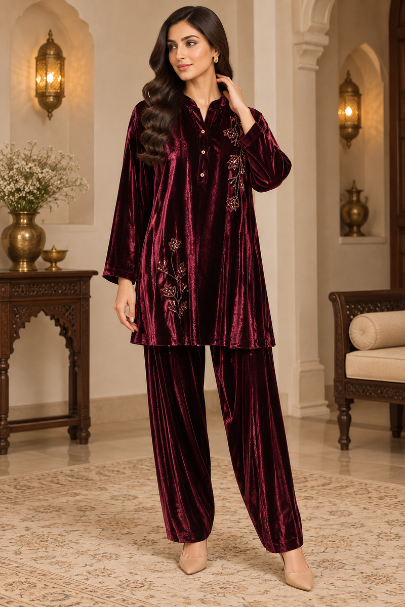 Embroidered Velvet Farshi Co-ord Set