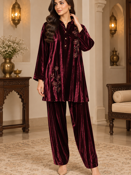 Embroidered Velvet Farshi Co-ord Set