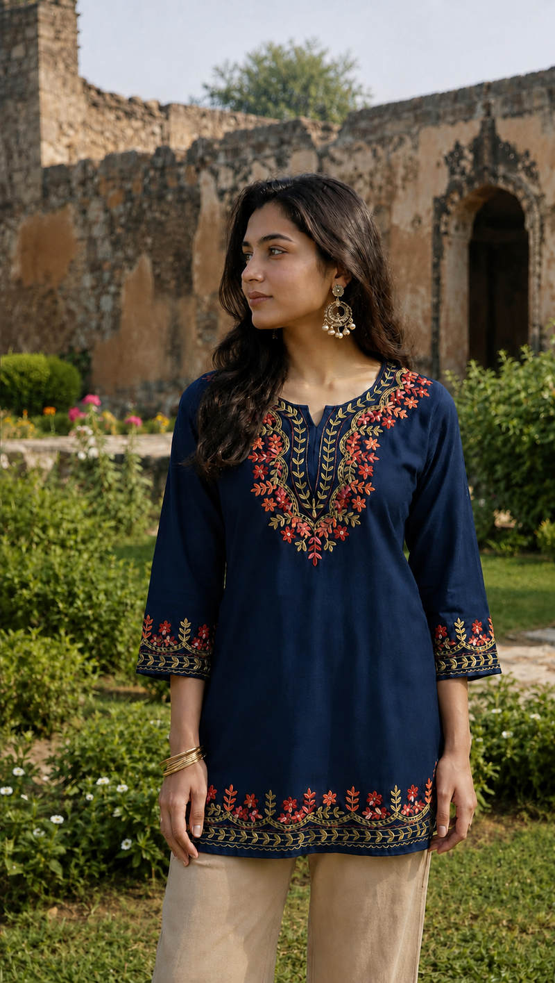 Bottle Green Multicolour Floral Embroidered Short Kurti for Women