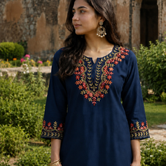 Bottle Green Multicolour Floral Embroidered Short Kurti for Women